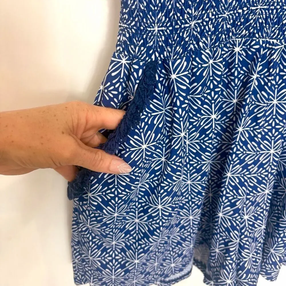 Cabana Life West Indies Fringe Romper Beach Large Blue White UPF 50+ Tassel Tie